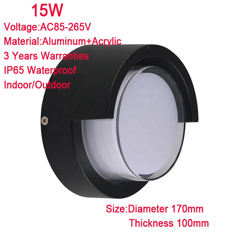 LED 벽 램프 15W 라운드 블랙 컬러 쉘 IP65 방수 실내 야외 조명 알루미늄 벽 빛 3 년 보증